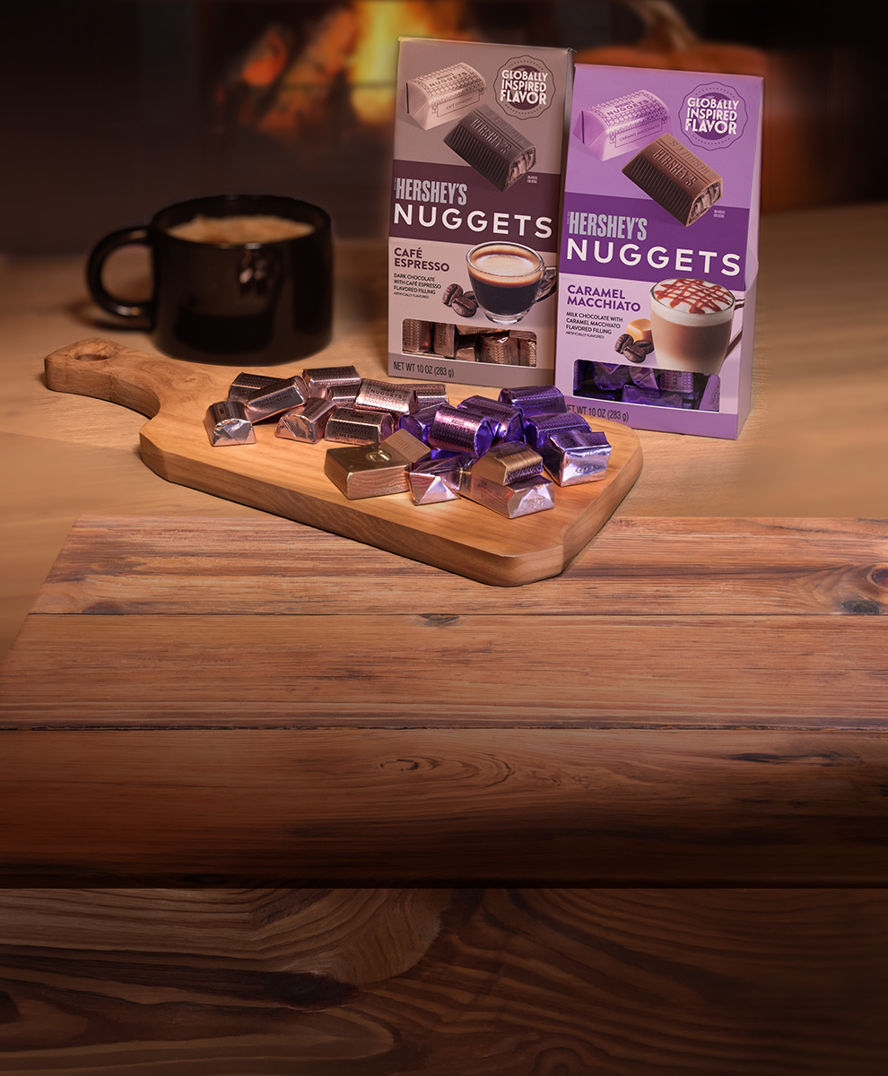 Promotional graphic featuring Herhey's Nuggets in caramel macchiato and espresso on a table top