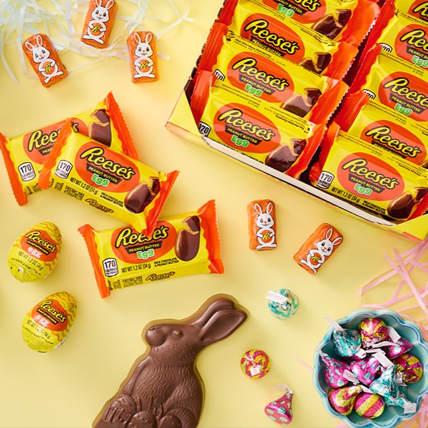 Promotional graphic featuring assorted Easter candy