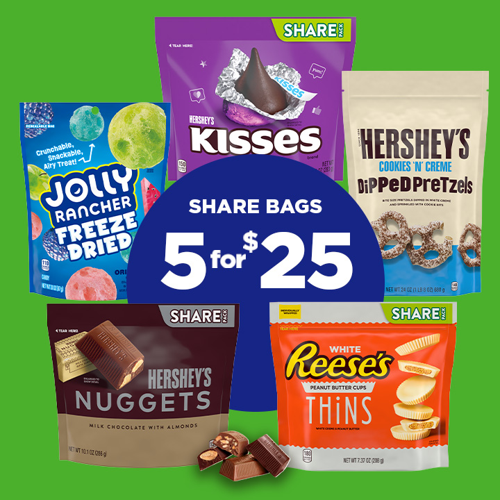 Promotional graphic featuring assorted share size bags of candy highlighting 5 bags for $25 bundle offer