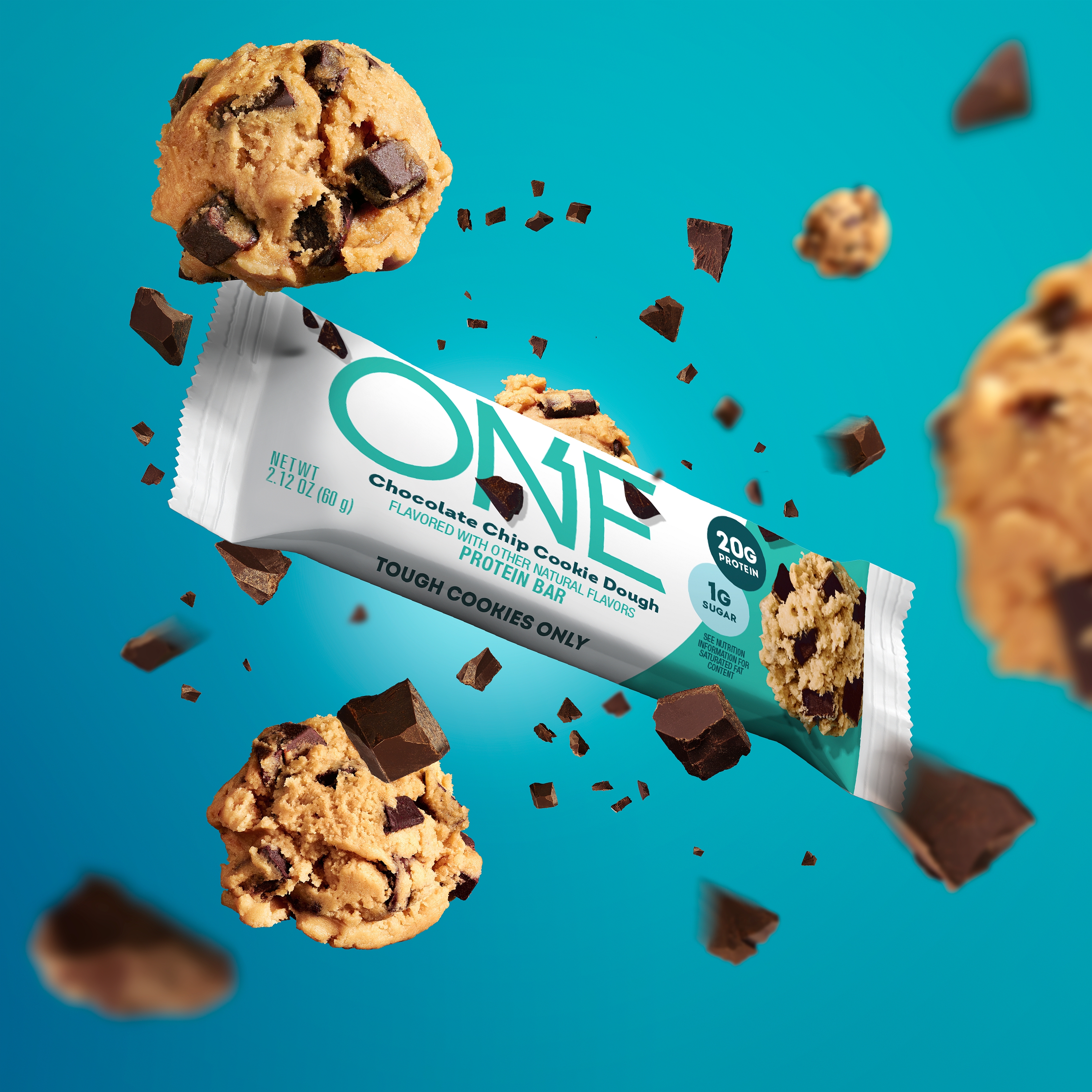 Promotional graphic featuring a Chocolate Chip Cookie Dough flavored ONE Brand protein bar