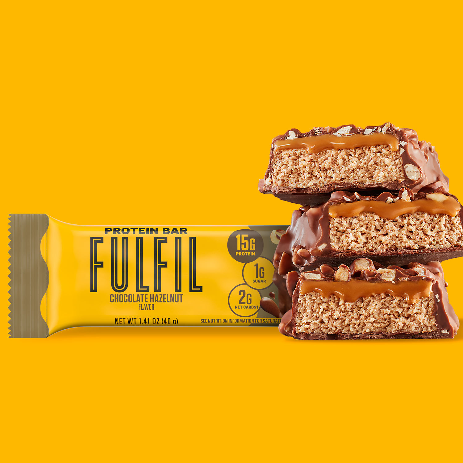 Promotional graphic showing a FulFill protein bars at the gym