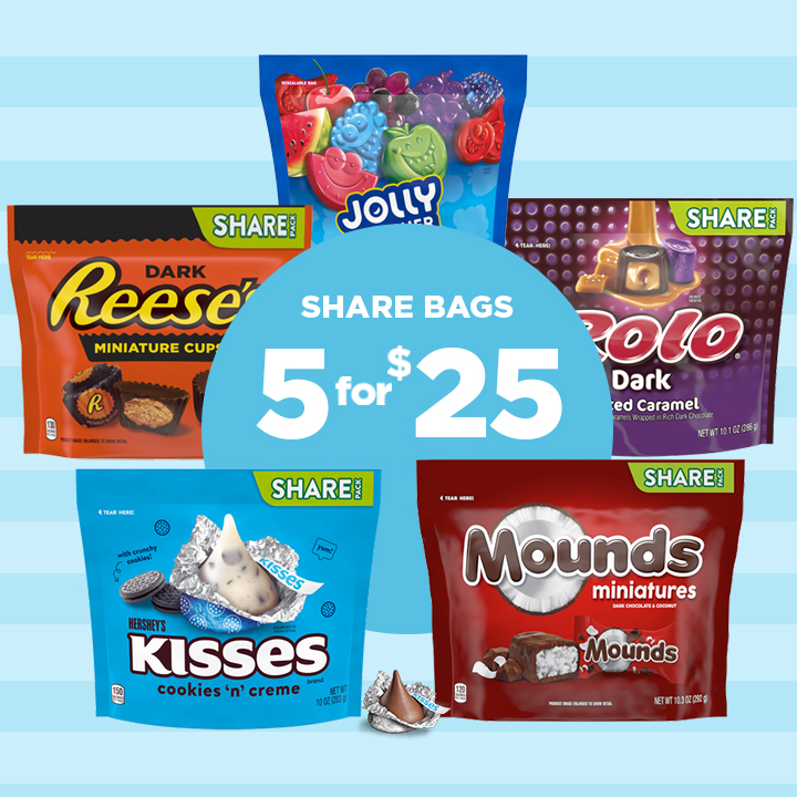 Promotional graphic featuring assorted brands share bags of candy messaging 5 bags for $25 bundle offer