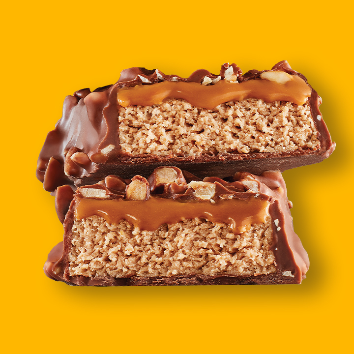 Promotional graphic featuring Fulfil protein bars stacked on top of each other