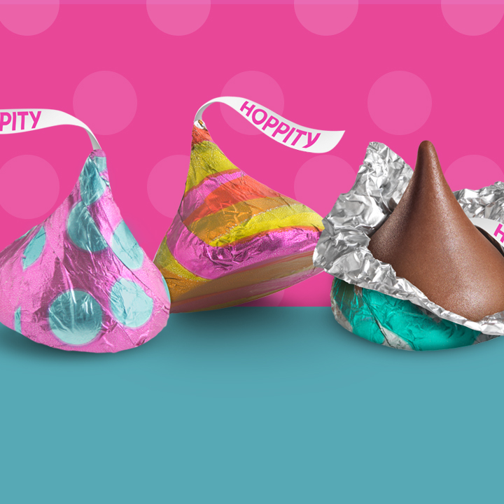 Easter foil KISSES Chocolates on blue and pink background