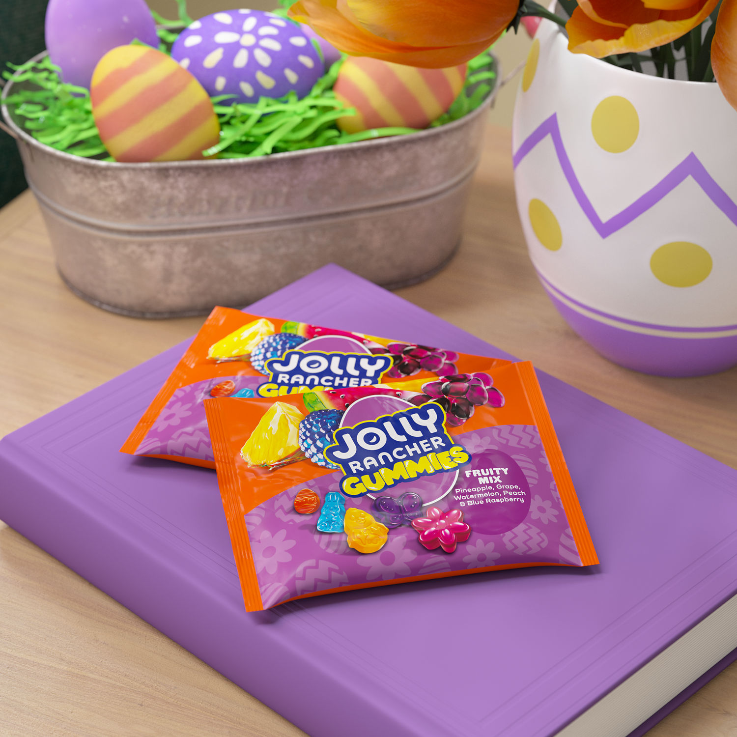 Promotional graphic showing JOPLLY RANCHER gummies on a book with Easter decor graphic