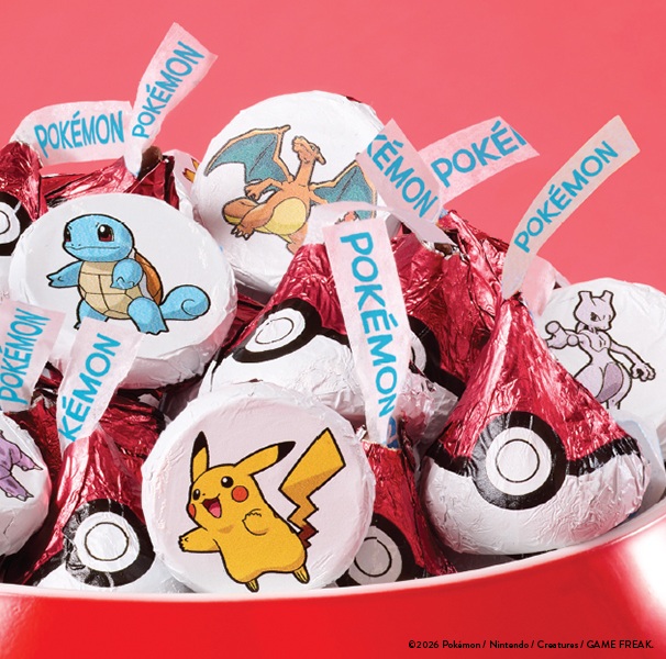 Promotional graphic featuring HERSHEY'S Pokémon Kisses featured in a bowl