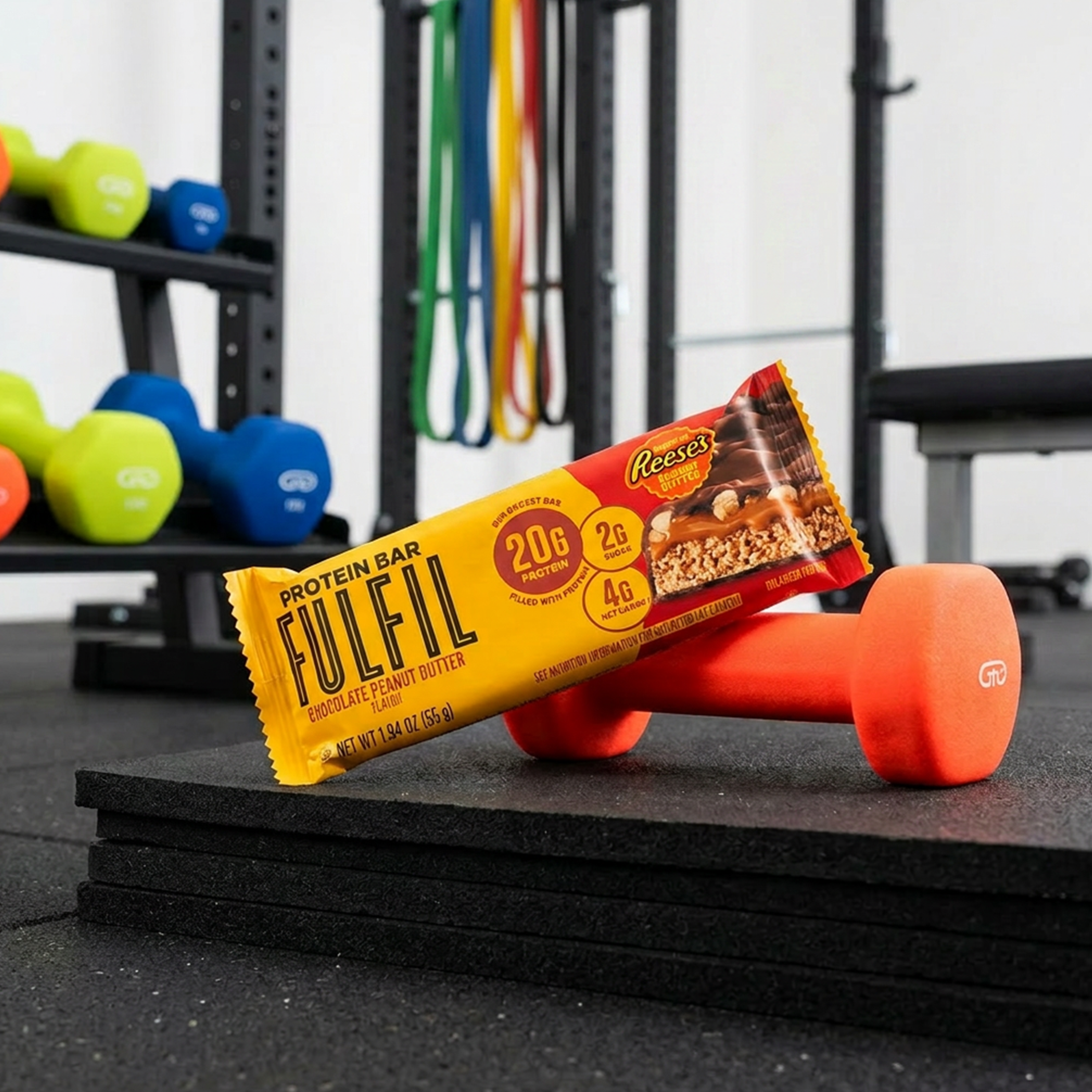 Promotional graphic showing a trio of Hershey's ONE protein bars in variety of flavors