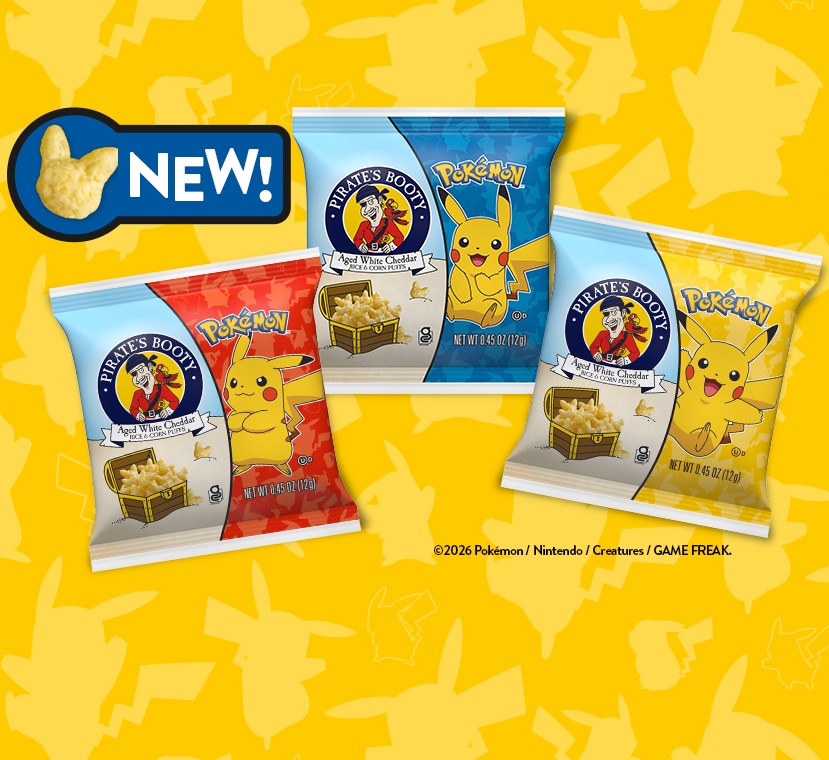 Promotional graphic featuring POKEMON Pikachu corn and rice multipack snacks for back to school