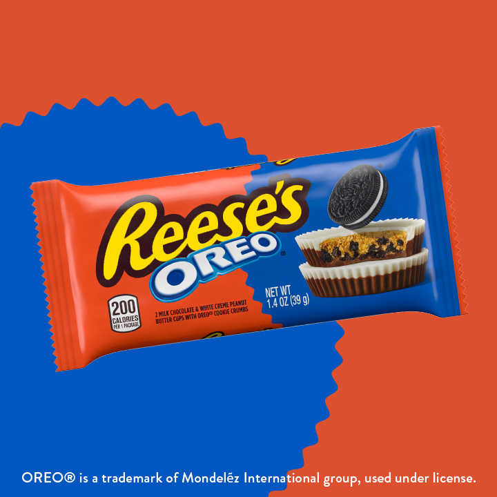 Promotional graphic featuring a pack of REESE'S OREO® Peanut Butter Cups