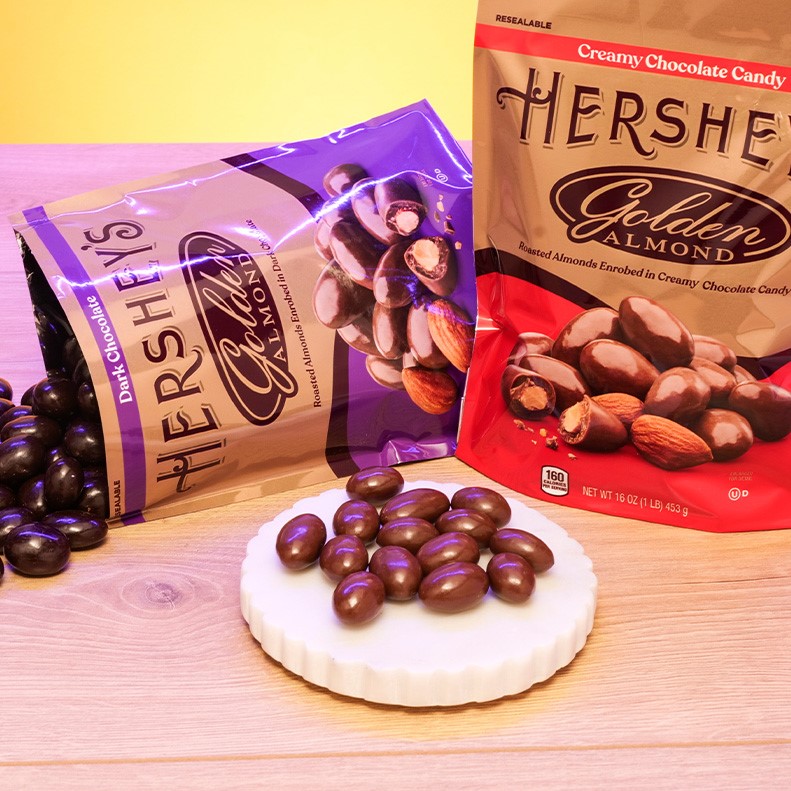 HERSHEY'S GOLDEN ALMOND Chocolate Covered Almond Pouches in Milk and Dark Chocolate