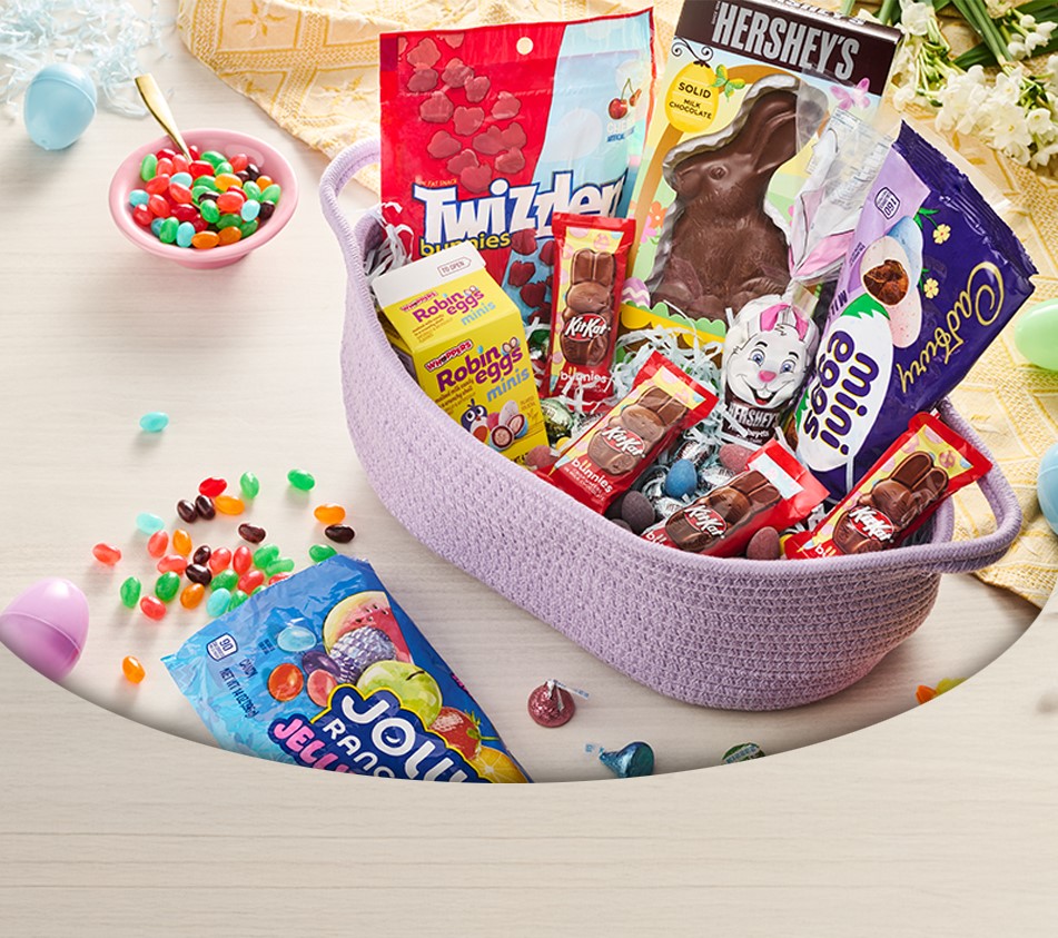 HERSHEY'S Easter Candy assortment inside of a Easter gift basket