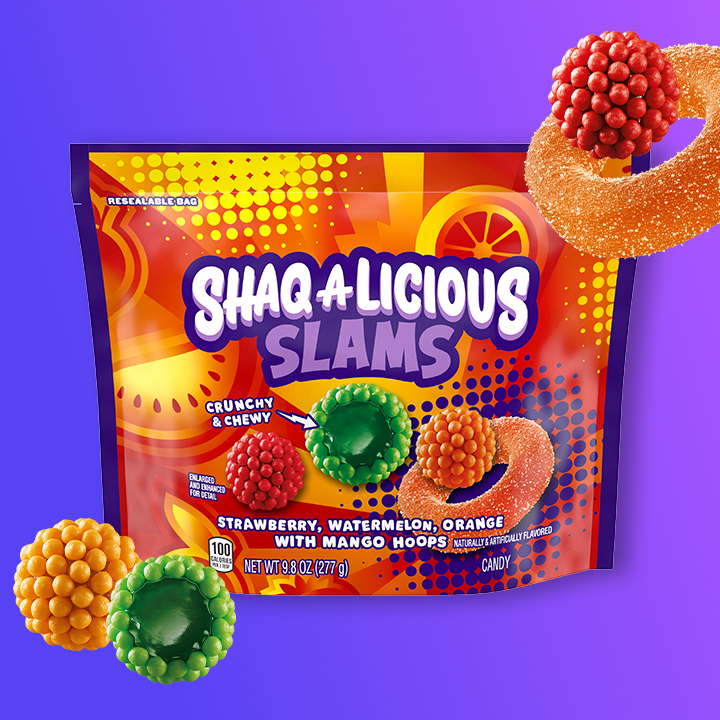 Promotional graphic showing SHAQ-A-LICIOUS Slams Candy pouch