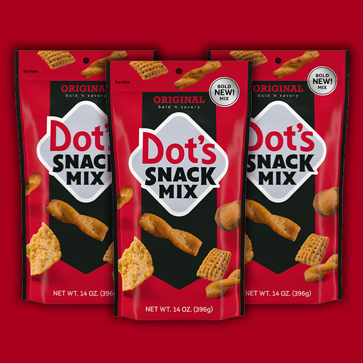 Promotional graphic featuring new DOTS savory snack mix