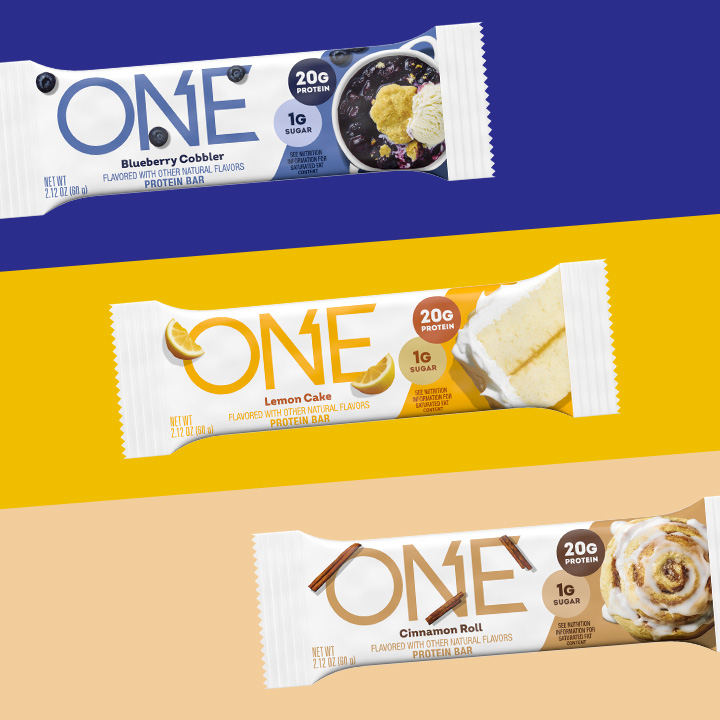 Promotional graphic featuring assorted flavors of ONE Protein bars