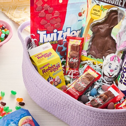 HERSHEY'S Easter Candy assortment inside of a Easter gift basket