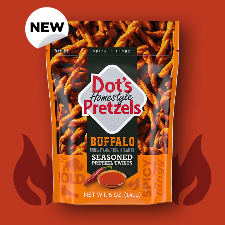 Bag of DOT'S HOMESTYLE PRETZELS in Buffalo Flavor on an orange background