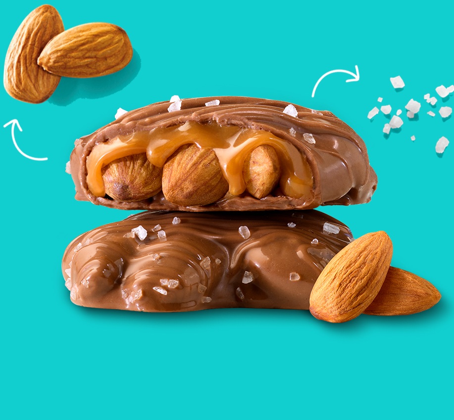 Promotional graphic featuring HERSHEY'S CARAMEL ALMOND CLUSTERS 