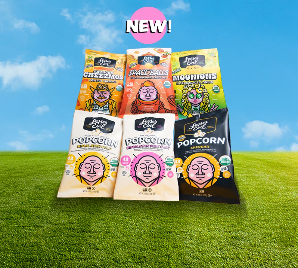 Promotional graphic showing a LesserEvil popcorn and corn snacks in classic and bold flavors