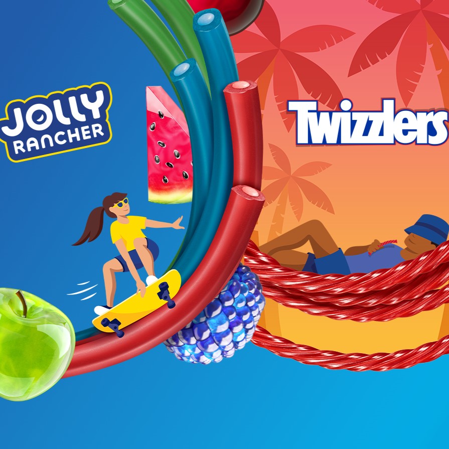 Promotional graphic featuring JOLLY RANCHER Ropes and TWIZZLER'S highlighting the 20% off fruity candy offer