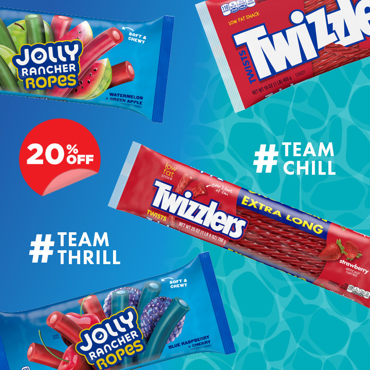 Promotional graphic featuring assorted share size bags of candy highlighting 5 bags for $25 bundle offer