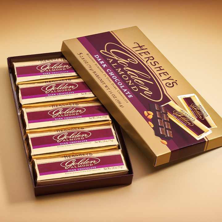 HERSHEY'S Golden Almond box of milk chocolate bars with almond pieces