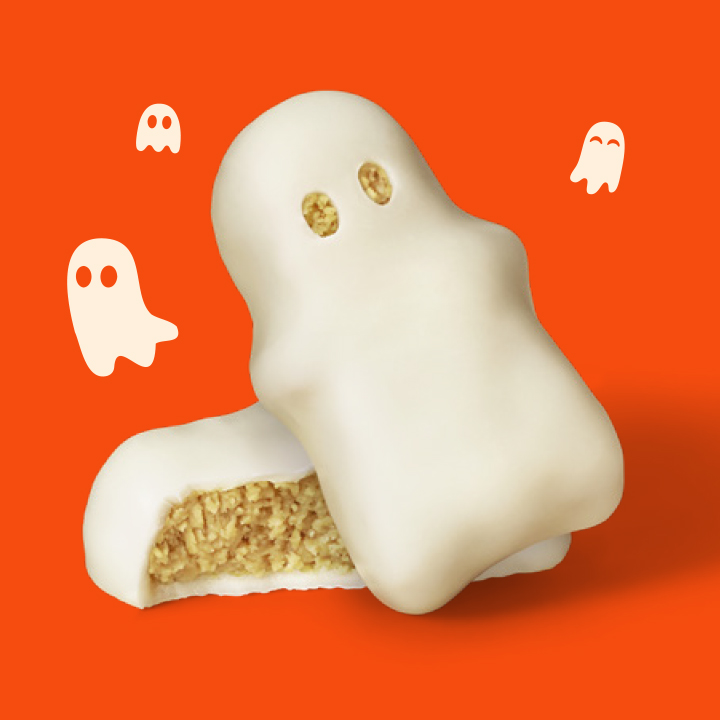 REESE’S Halloween Shapes Ghosts on orange background
