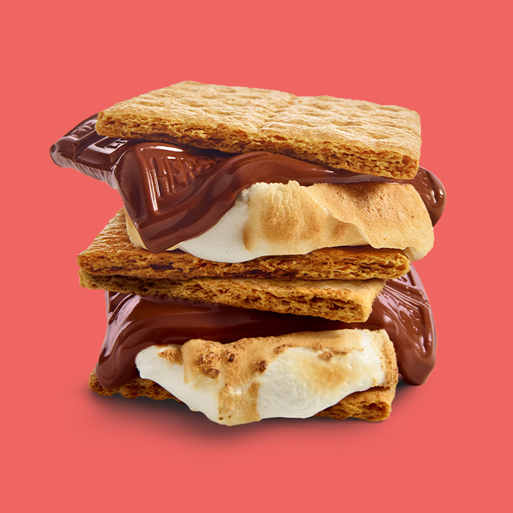 Promotional graphic featuring a stack of s'mores made with HERSHEY'S milk chocolate candy bars