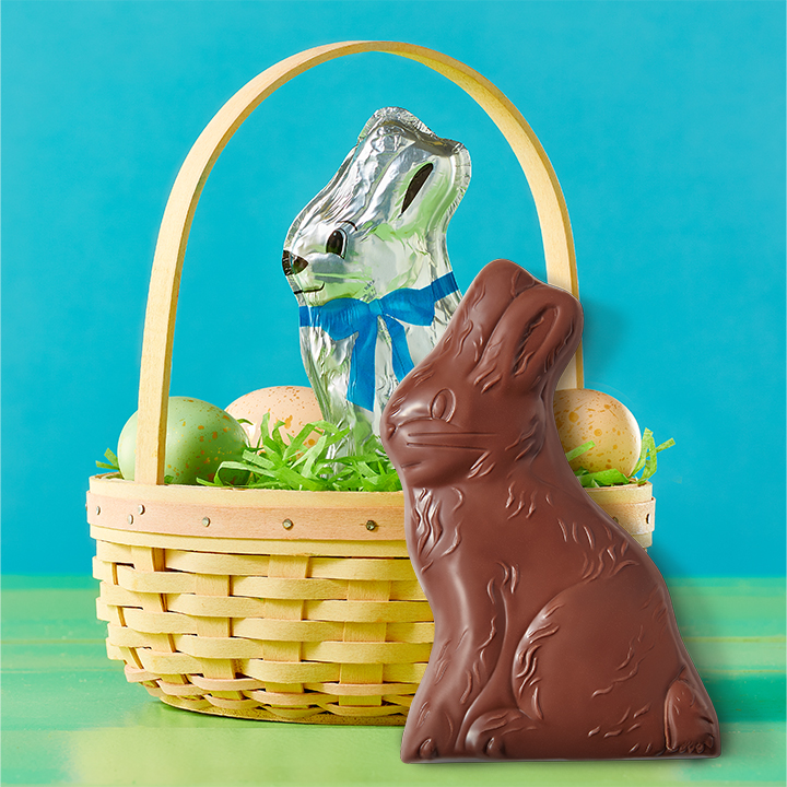 HERSHEY'S Milk Chocolate Easter Bunny Candy displayed with an Easter basket