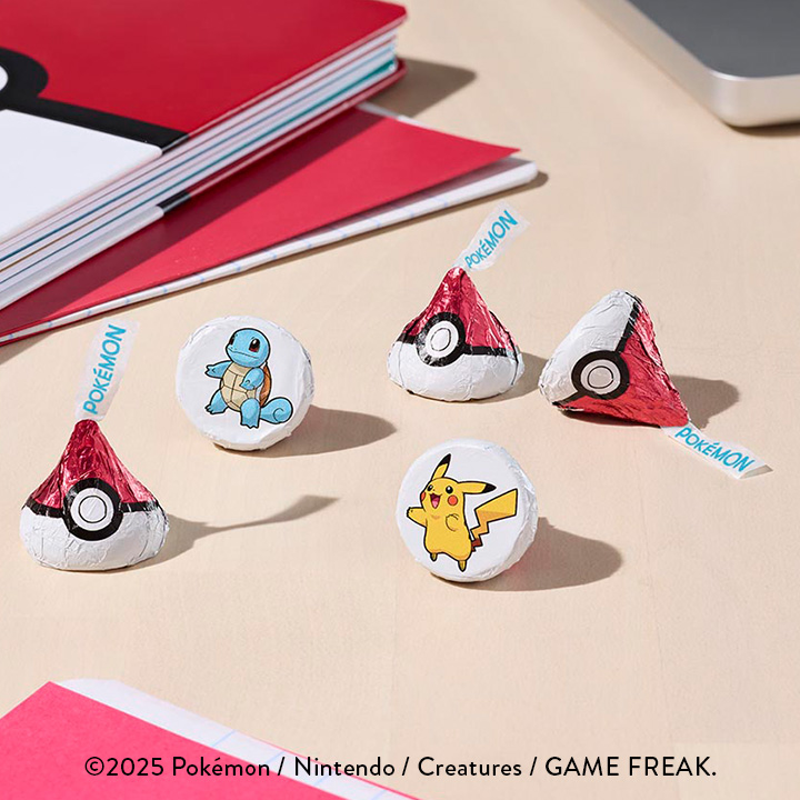 HERSHEY'S Milk Chocolate Bars with Pokémon-themed packaging on a red background