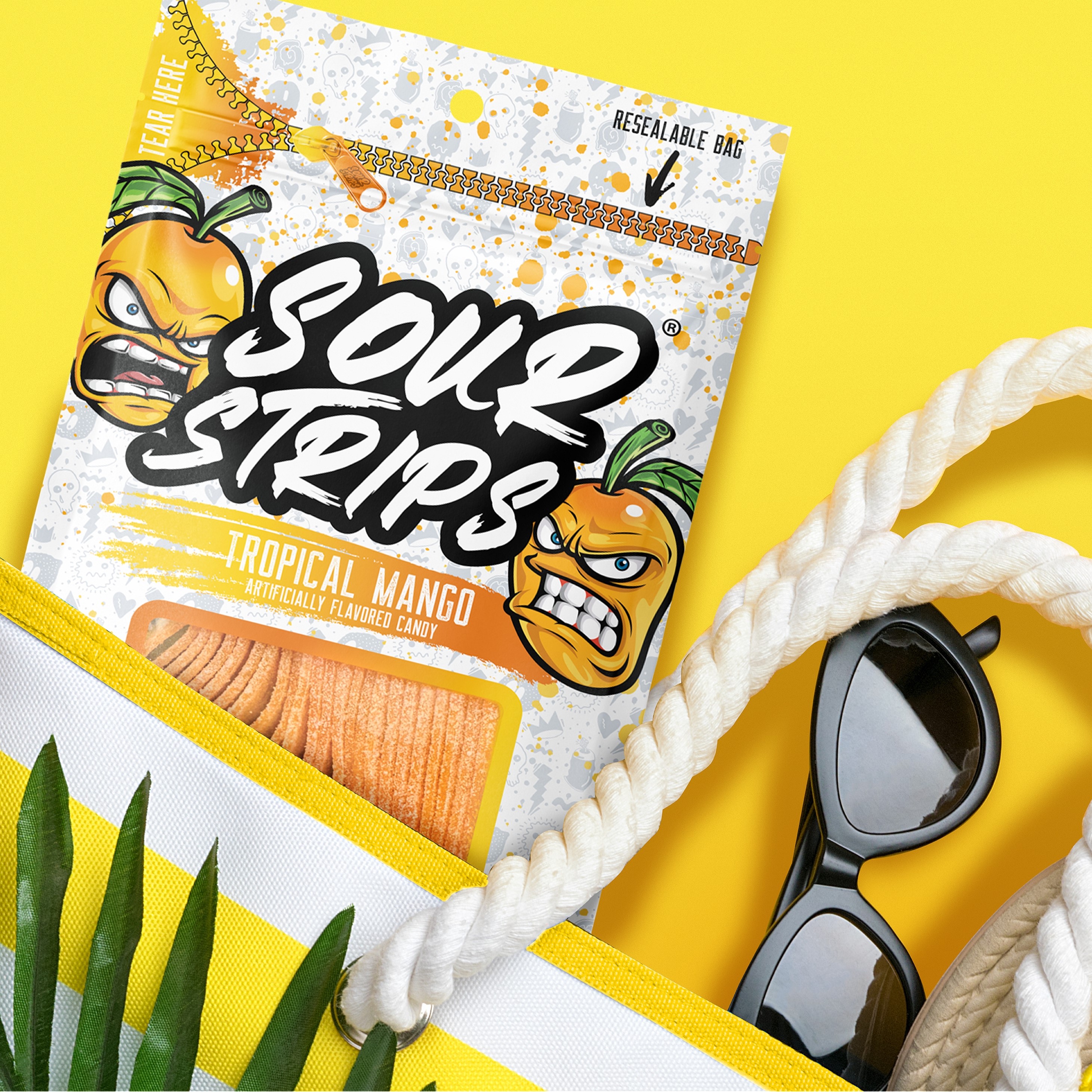 Promotional graphic showing peg bag of Sour Strips Mango candy spilling out of a tote bag