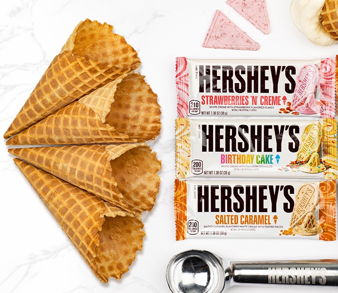 Promotional graphic featuring HERSHEY'S Ice Cream Flavored Chocolate Bars
