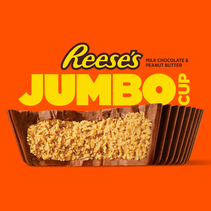 Promotional graphic featuring REESE'S Jumbo Sized Chocolate and Peanut Butter Cup