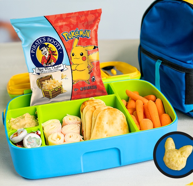 Promotional graphic featuring Pirate's Booty Pickachu shaped corn and rice snacks, perfect for back-to-school lunch