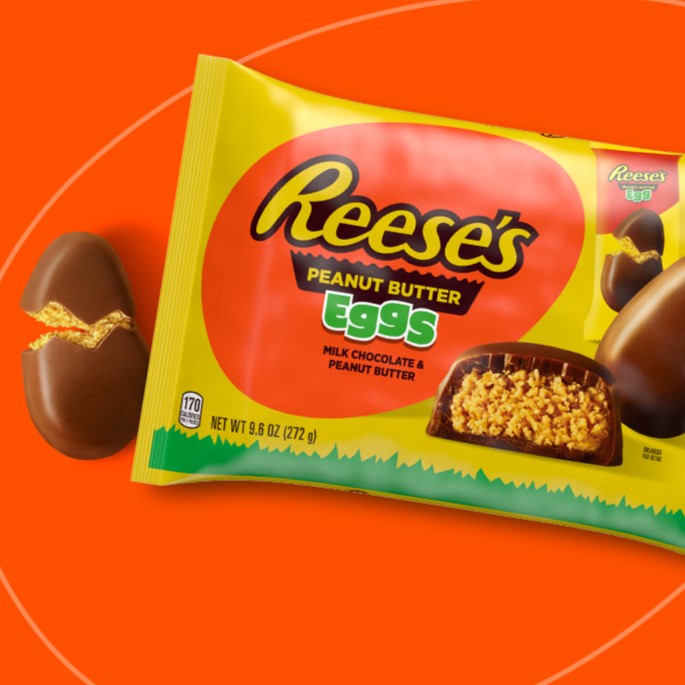 Promotional graphic featuring REESE'S Milk Chocolate Peanut Butter Eggs