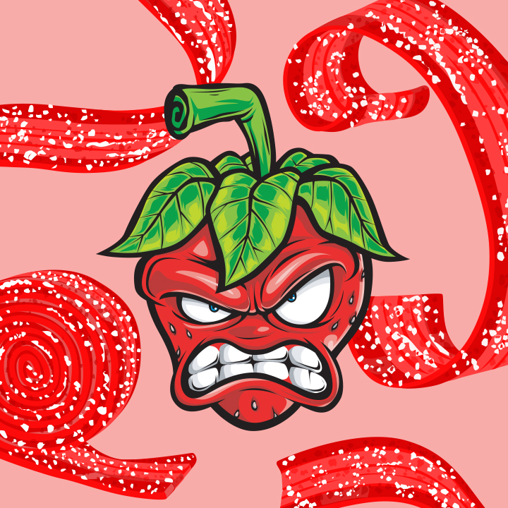 Promotional graphic showing Sour Strips strawberry logo and candy strips on a pink background