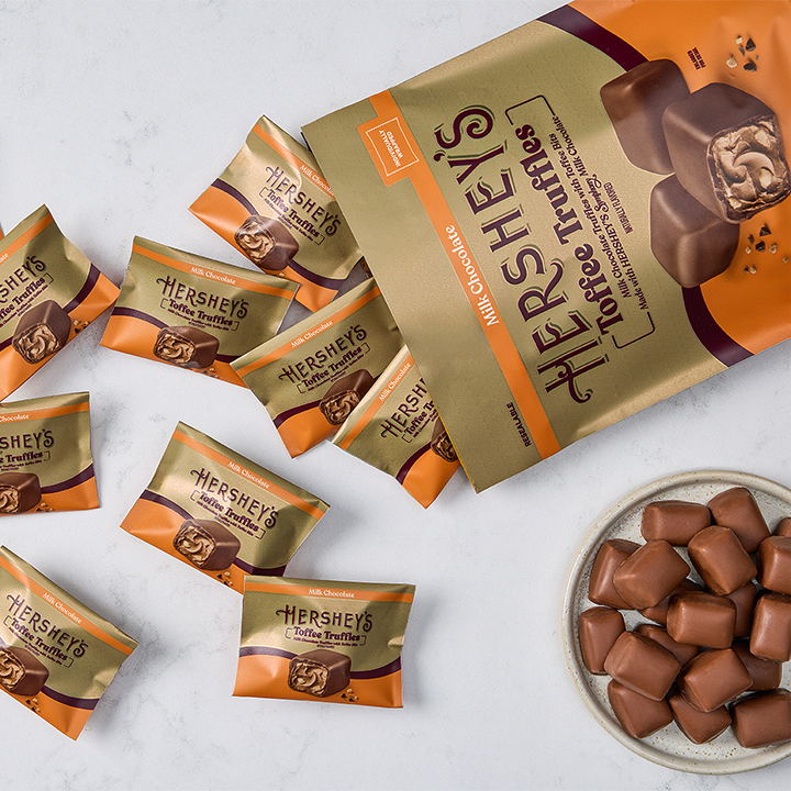 Promotional graphic showing HERSHEY'S Toffee Truffles