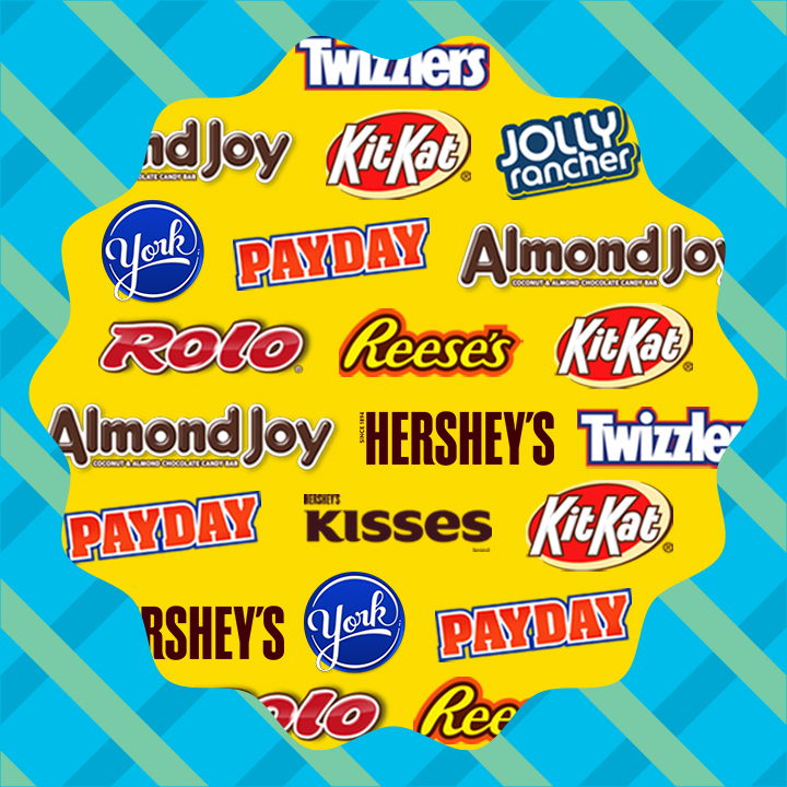 Collage of Hershey's brand names in yellow flower shape on striped background