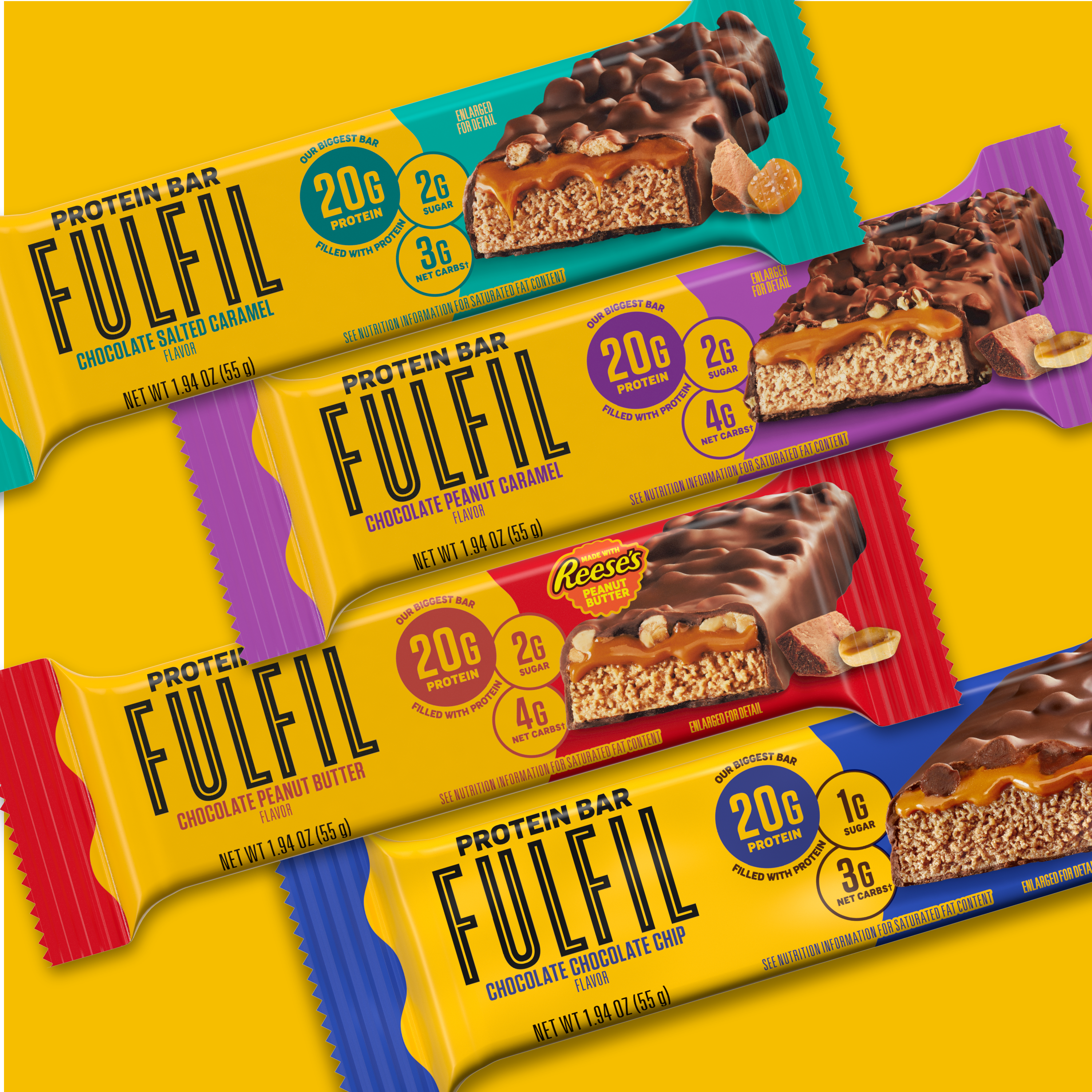 Promotional graphic featuring NEW Fulfil Chocolate, Peanut Butter and Caramel Protein Bars