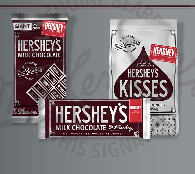 Promotional graphic HERSHEY'S Milk Chocolate Bars and Kisses in Vintage Wrapping