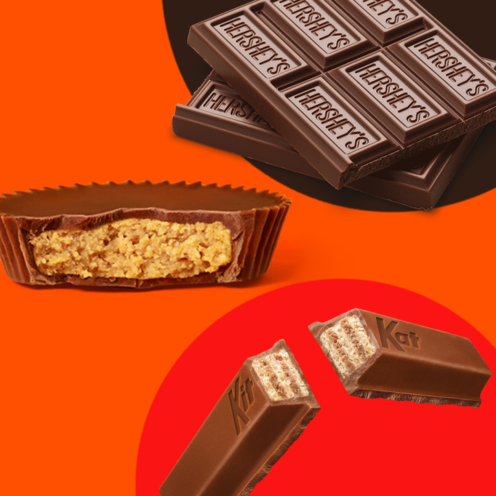 HERSHEY'S and KIT KAT® bars alongside a REESE'S Peanut Butter Cup