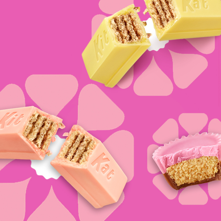 Springtime REESE'S & KIT KAT® Candies on pink flower-themed background