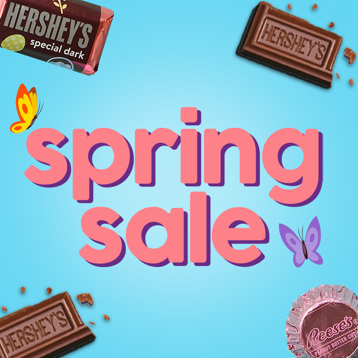 Sale Category Text Graphic with HERSHEY'S and REESE'S candies on Blue Background