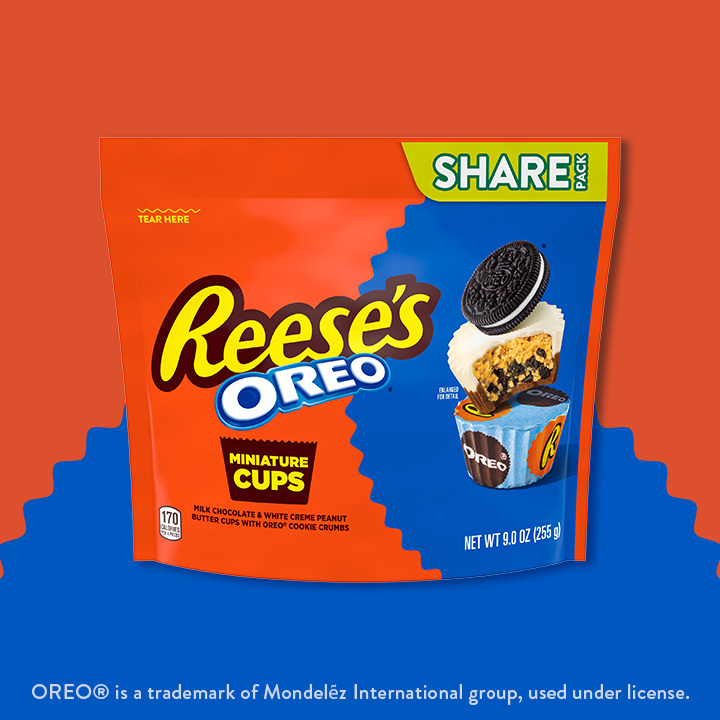Promotional graphic featuring a bag of REESE'S OREO® Miniature Peanut Butter Cups on an orange and blue background