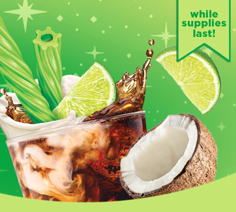 Promotional graphic showing New Twizzler's Dirty Soda Straws in a soda