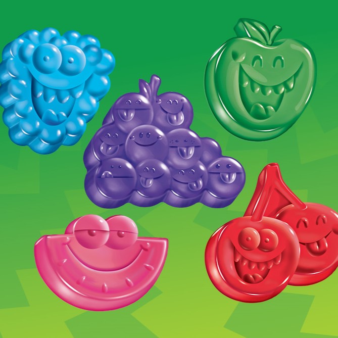 JOLLY RANCHER assorted flavor gummies on a green background