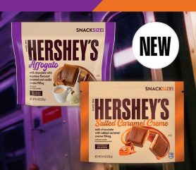 Promotional graphic featuring New! Hershey Creme Bar in Salted Caramel Creme and Affogato Flavored