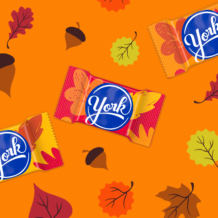 YORK PEPPERMINT PATTIES in fall wrappers on orange fall-themed background