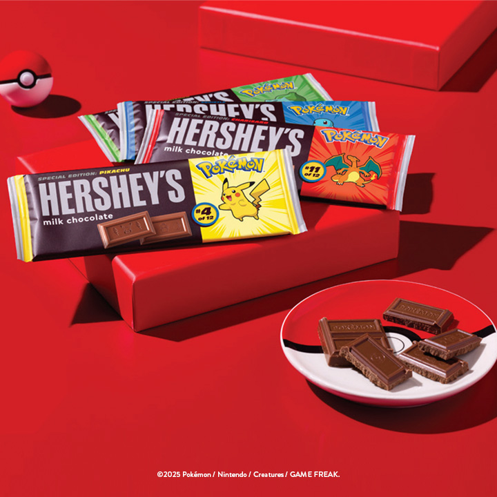HERSHEY'S Milk Chocolate Bars with Pokémon-themed packaging on a red background