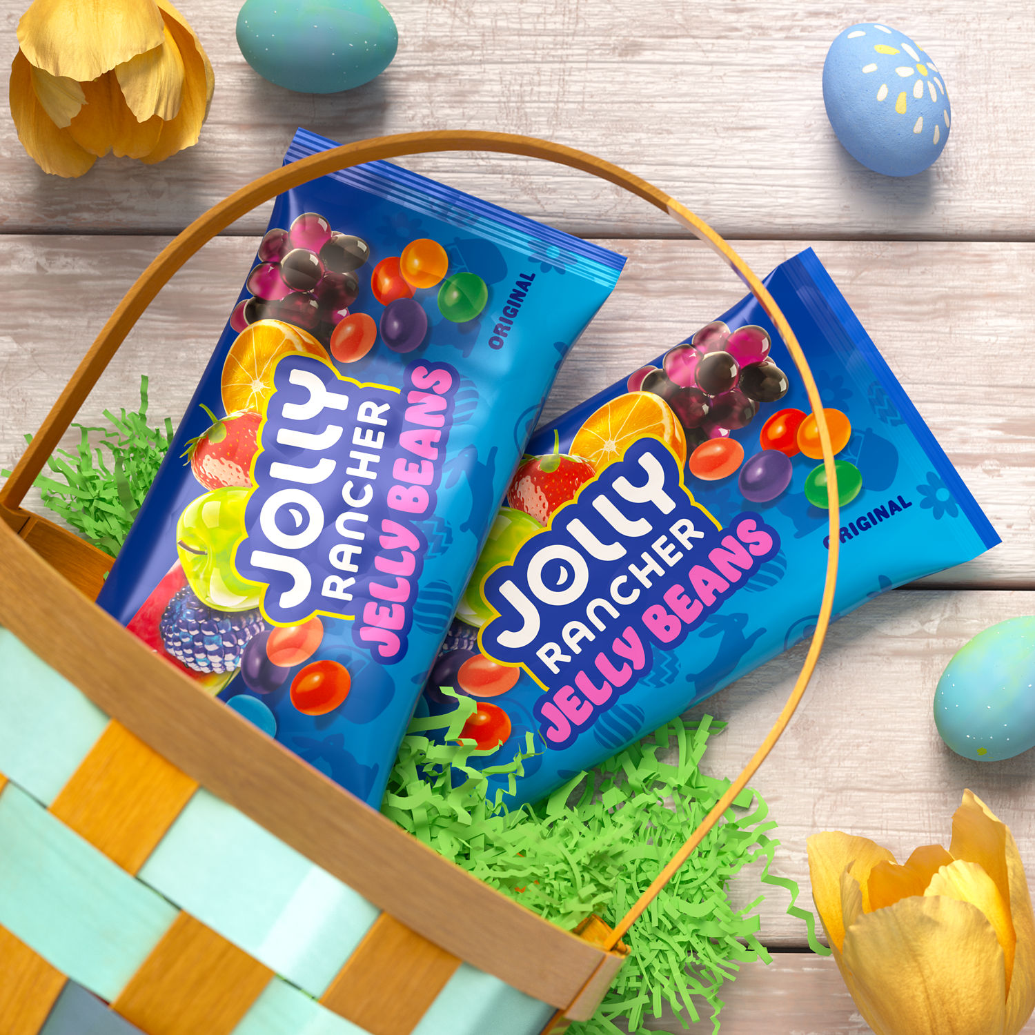 Promotional graphic featuring JOLLY RANCHER jellybeans in an Easter basket 