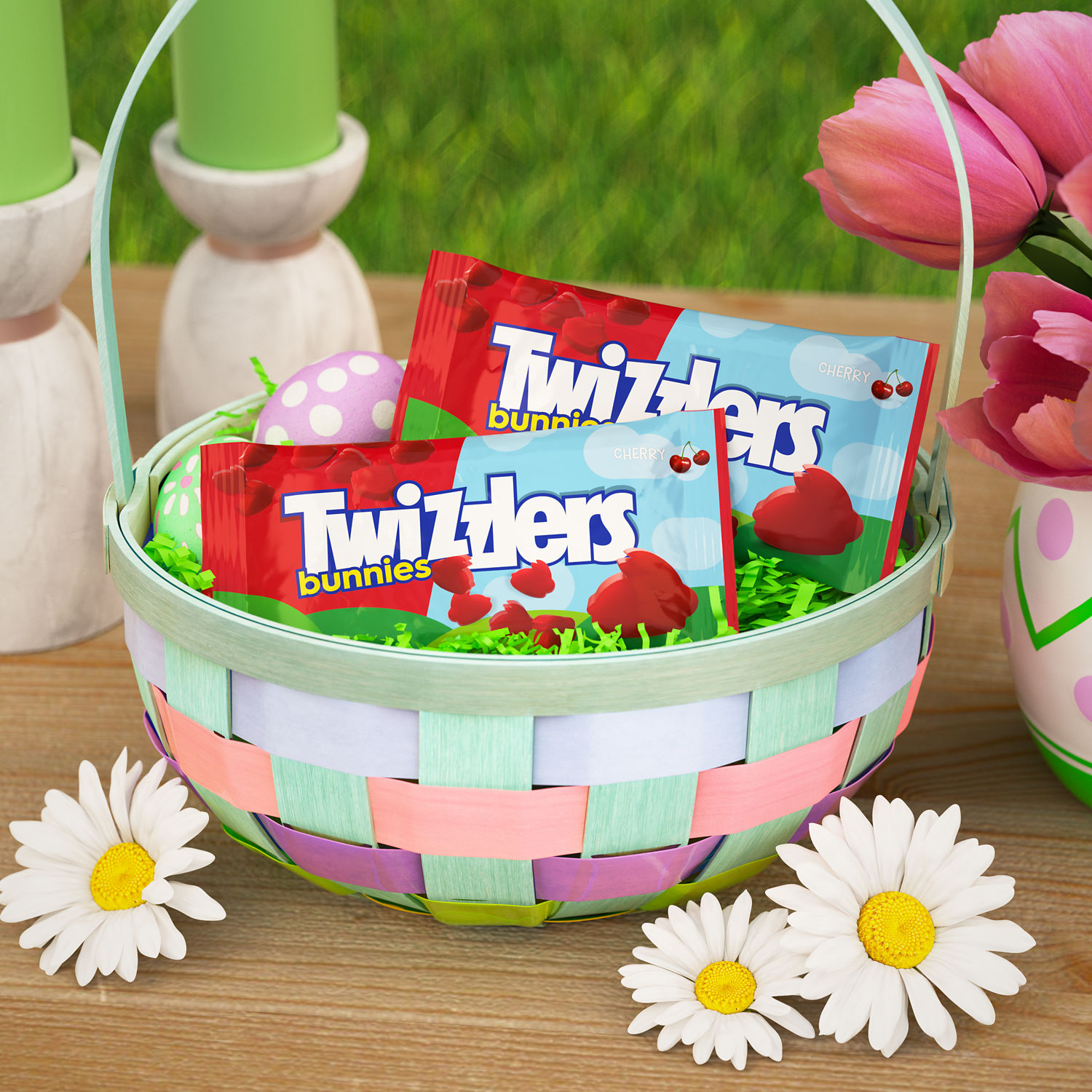 Promotional graphic showing TWIZZLERS Bunnies candy packs in an Easter basket